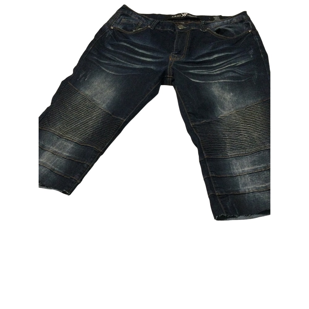 Xray Jeans Mens Moto Denim Shorts Dark Wash Whiskered Cut Off Size 34